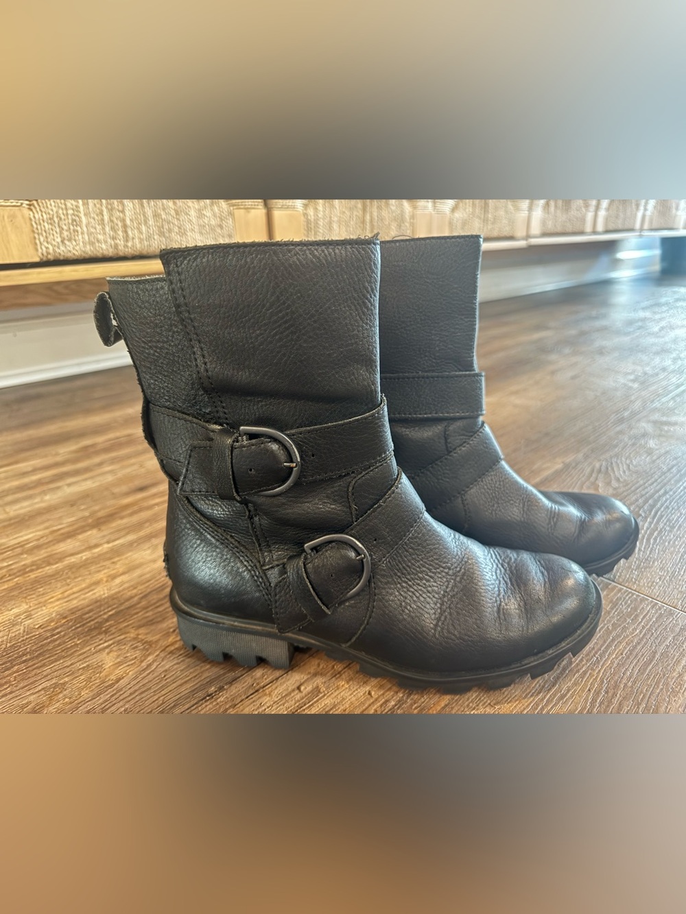 Sorel Phoenix Moto Boots Black Leather Dual Buckle Ankle Sz 8